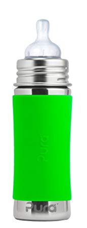 Pura Kiki 11 Oz / 325 Ml Stainless Steel Infant Bottle with Silicone Medium-Flow Nipple & Sleeve, Green (Plastic Free, Nontoxic Certified, Bpa Free)
