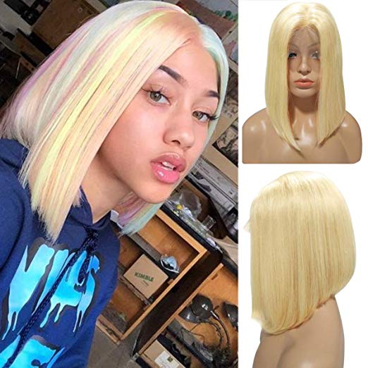Licoville 613 Blonde Bob Lace Front Human Hair Wigs Pre Plucked 12" Middle Part Straight Sleek Blond Bob Lace Wig 180% Density 13×4 Frontal Wig for Women(Can be Styled)