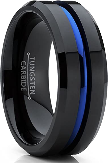 Men's Tungsten Carbide Black and Blue Wedding Band Engagement Ring with Grooved Center, Comfort Fit 8mm