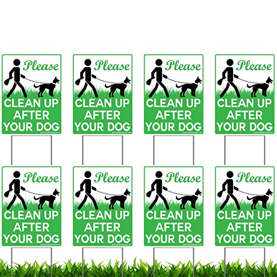 Vibe Ink 8 Pack of 9 x 12" Please Clean Up After Your Dog - No Pooping Dog Lawn Signs with 8X Metal Wire H-Stakes Stands Included