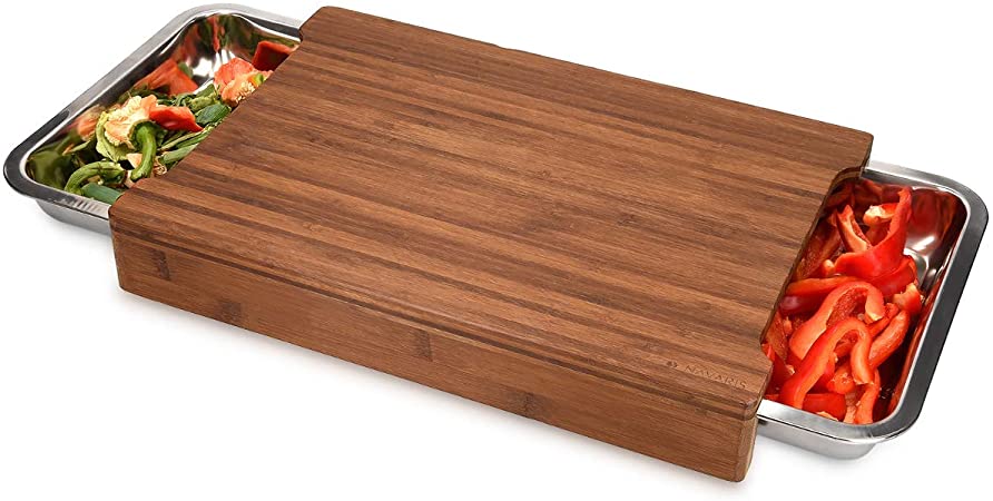 Navaris Cutting Board with Trays - Wood Chopping Board for Kitchen with 2 Stainless Steel Pull Out Sliding Drawer Tray Containers - 16.1 x 11.2 inches