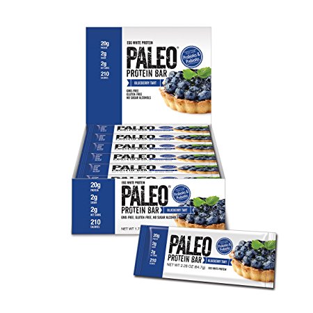 Paleo Protein Bar (Blueberry Tart) 12 Bars (20g Egg White Protein 2 Net Carbs w/Probiotics)