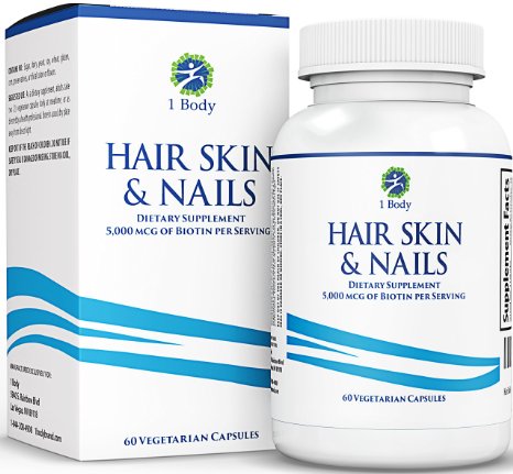 Hair Skin and Nails Supplement - 5000 Mcg of Biotin - Unique Extra Strength Formula with 60 Vegetarian Capsules