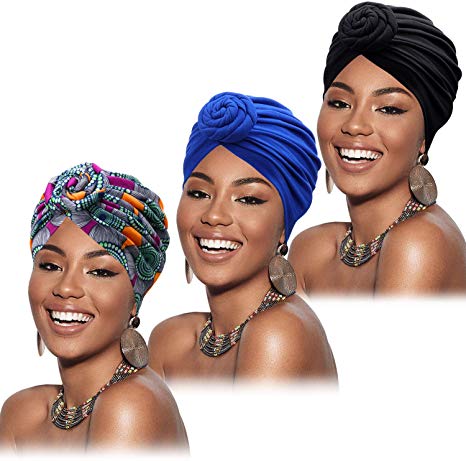 Mudder 3 Pieces Flower Knot Headwrap Pre-Tied Bonnet Turban Beanie African Pattern (Style A)