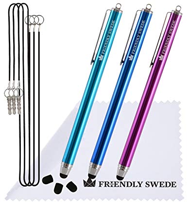 The Friendly Swede Thin Tip High Precision Capacitive Stylus Pens 5.5" with Replacement Tips and Lanyards (Purple, Light Blue, Dark Blue)