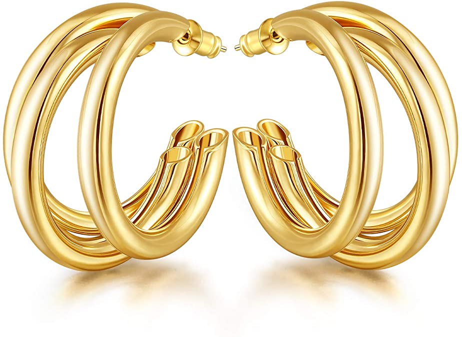 EASYSO 14K Gold Plated Hoop Earrings, Lightweight Chunky Open Hoops Hypoallergenic Earrings for Women Sensitive Ears, Silver Post Split Huggie Earrings for Teen Girls Valentine's Day