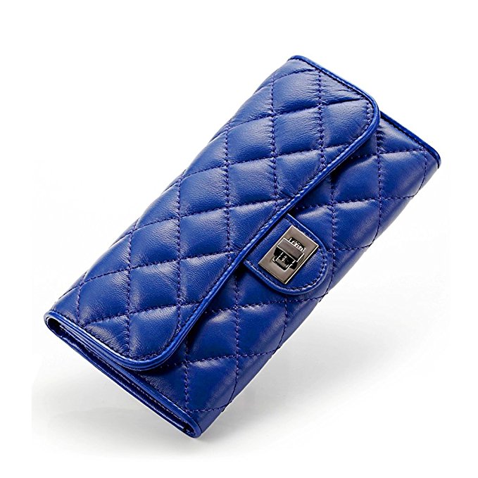 Yilen Sheepskin Genuine Leather quilted pattern Women's wallet Long Clutch Purse Card Holder Case for iPhone 6 Plus 5.5" inch