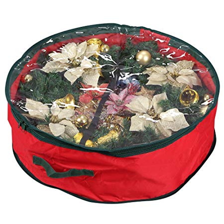 Primode Wreath Storage Bag with Clear Window | Garland or Xmas Wreath Container for Easy Storage (30” Holiday Wreath Bags) (Red)