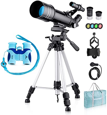 BNISE Telescopes for Astronomy, Portable 70/400MM Refractor Telescope for Beginners and Kids, with HD Binoculars,Adjustable Tripod Smartphone Adapter Moon Filter and Carry Bag