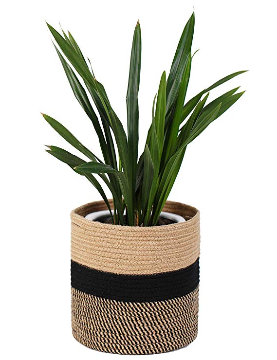 YXMYH Sturdy Jute Rope Plant Basket Modern Woven Basket for10" Flower Pot Floor Indoor Planters, 11” x 11” Storage Organizer Basket Rustic Home Decor,Toy Storage Basket For Kids' Room, Black and Beige