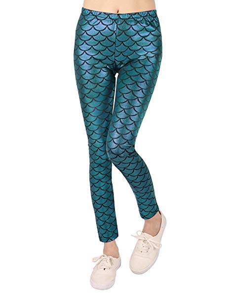 HDE Girl's Shiny Fish Scale Mermaid Leggings Metallic Costume Tights (4T-12)