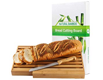 Bamboo bread cutting board with large bread knife, and crumb catcher/tray to cut homemade bread, loaf cake and bagel/Full bread cutting set, best present & Gift for housewarming