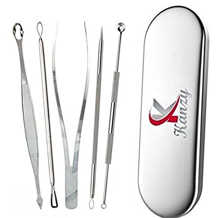 KANZY - Set of 5 Blackhead Remover Comedone Extractor - skin care for spots - Dermatologist Grade - Blackheads, Whiteheads and Zits Remover -Careful Treatment of Blemish, Pimple, Acne - Skin Protect Facial Care - Includes Silver Metal Ladies Travelling Case