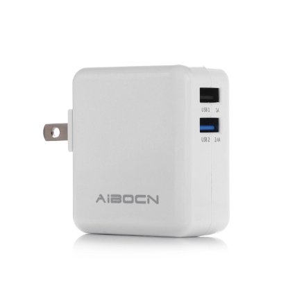 Aibocn Wall Charger Dual USB (2.4Amp 1.0Amp Output) Smart Travel Charger Adapter (Folding Plug) for Apple iPhone 6, 6 Plus, iPad Air, Mini, iPod Touch/ iPod Nano, Most Other Phones and Tablets