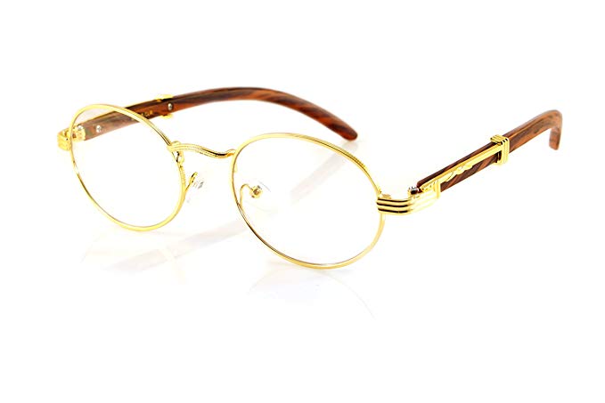 FBL Vintage Oval Clear Lens Metal & Wood Feel Eyeglasses A103