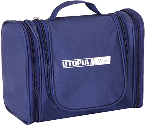 Utopia Home Toiletry Travel Bag - Microfiber - Blue for Men and Women - Perfect for Travelling, Vacations or Business Trip - Water Resistant with Mesh Pockets and Strong Hanging Hook Shower Bag