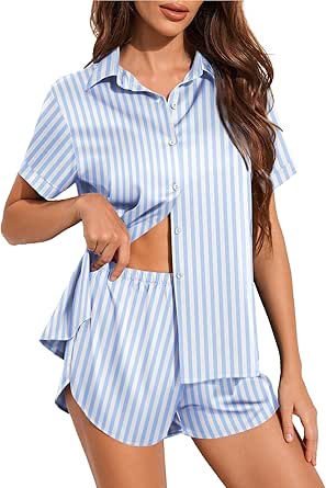 Ekouaer Silk Pajamas for Women Short Sleeve Satin Pajama Set 2 Piece Button Down Loungewear S-XXL