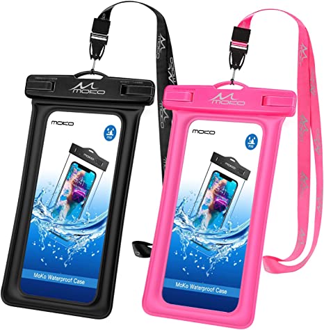 MoKo Floating Waterproof Phone Pouch 2Pack, Floatable Phone Case Dry Bag with Lanyard Compatible with iPhone 14 13 12 11 Pro Max X/Xr/Xs, SE 3/2, Galaxy S22/S21/20, Note 20/10, HUAWEI P50, Black Pink