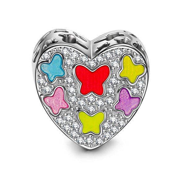 NinaQueen 925 Sterling Silver "Dancing Butterfly" Hollow Heart with Multicolored Enamel Bead Charms, Best Gifts for Her