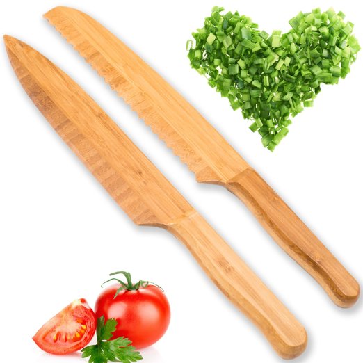 8" Chef Knife and Serrated 8" Bread Bamboo Knife Set - Made of Bamboo That Is 100% Recycable - Sharp Cutting, Bamboo Has a Higher Strength Than Concrete