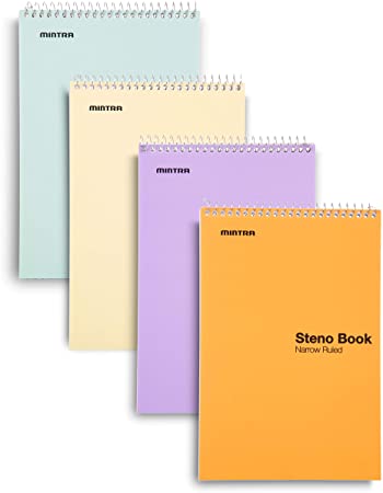 Mintra Office Steno Book - (Pastel Colors, 4 Pads/Pack, Narrow Ruled) - 6inx9in, 70 Sheets, Notebook for writing notes in school, university, college, work, office