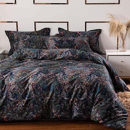 Softta California King Size 104×98 Inches Bedding Set Vintage Damask Paisley 3Pcs Black Duvet Covers Set Shabby Floral and Leaves Farmhouse 100% Brushed Cotton Zipper Closure