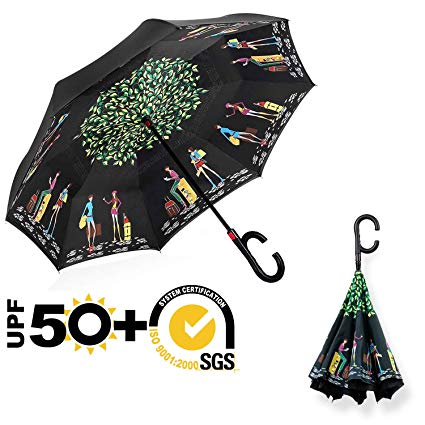 ABCCANOPY Inverted Umbrella,Double Layer Reverse Windproof Teflon Repellent Umbrella for Car and Outdoor Use, UPF 50  Big Stick Umbrella with C-Shaped Handle and Carrying Bag, Lovers