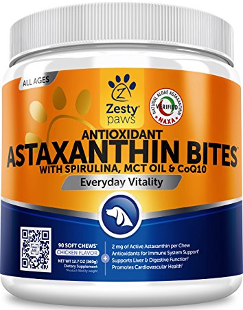 Zesty Paws Antioxidant Astaxanthin for Dogs - Immune, Hip & Joint, Cardiovascular & Digestive Support Supplement - With CoQ10 & Organic Spirulina   Coconut MCT Oil & Vitamins E and B12