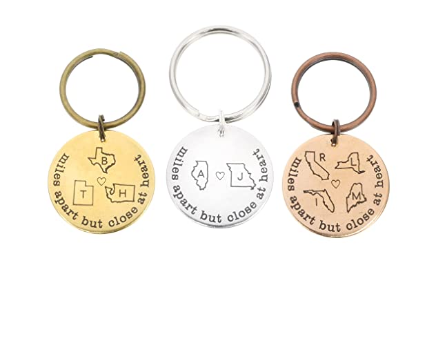 Miles Apart Keychain - Moving Gift - Long Distance Relationship - Deployment - Engraved 1 Inch Disc - Choose States Initials - DGR-25mm