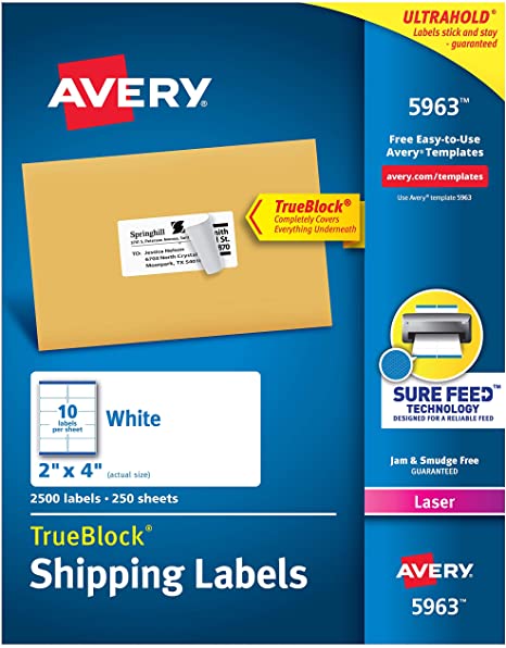 Avery 2x4 Labels for Laser Printers, Permanent Adhesive, Sure Feed, 2,500 Rectangle Labels (5963), White