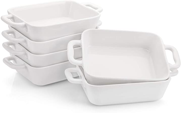 Foraineam 6 Pieces Bakeware Set, White Porcelain Souffle Dishes Creme Brulee Ramekins, 6-1/4 x 4-3/4 inch Rectangular Baking Pans with Double Handles