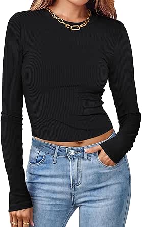 MEROKEETY Women Long Sleeve Slim Fit Crop Shirt Ribbed Knit Tops Casual Round Neck Y2K Tees