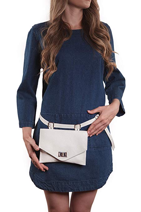 Genuine Leather Belt Bag for Women Fashion Fanny Pack Crossbody Bag Waist Bag Leather Hip Bag Bum Bag with Detachable Belt (White)