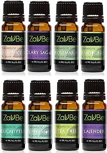 8 Natural Pure Organic Essential Oils Set Lemongrass Peppermint Clary Sage Lavender Eucalyptus Rosemary Frankincense Tea Tree Diffuser Humidifier Massage Aromatherapy Skin Hair Care by ZAVBE.