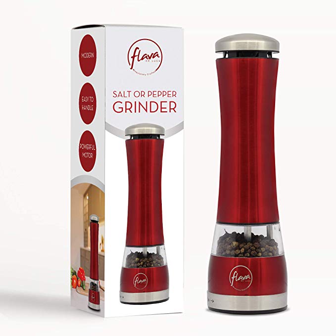 Flava DeLuce Electric Salt or Pepper Grinder (Batteries Included)| Battery Operated | Automatic One Hand Operation | LED Lights | Stainless Steel Grinder with Adjustable Coarseness (Red)