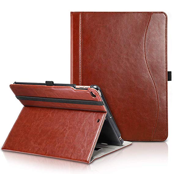 BMOUO iPad 9.7 2018/2017 Case, Premium Leather Multi-Angle Viewing Business Folio Cover Folding Stand with Pencil Holder, Auto Wake/Sleep Case for Apple iPad 9.7 inch 2018/2017, Brown