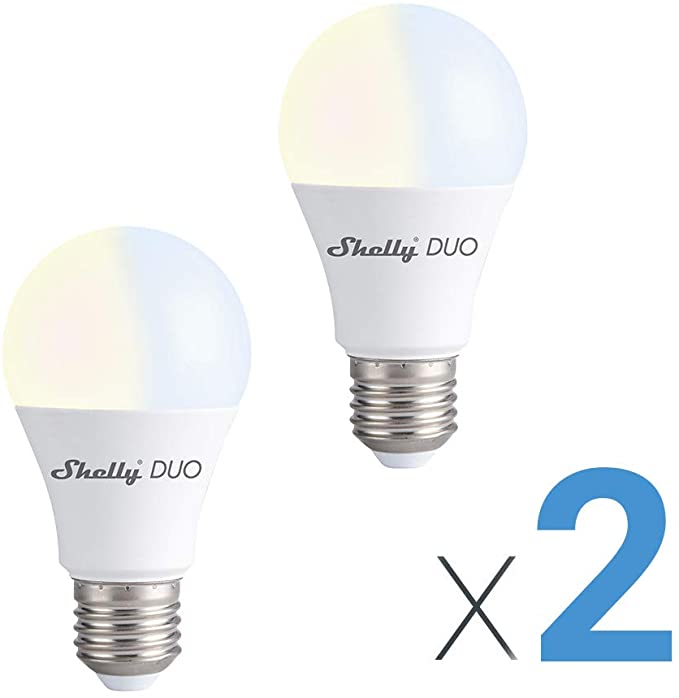 Shelly Duo WiFi Smart Bulb Warm Light E26 800lm Cloud MQTT Enabled 2500k to 6500K Voice Control, iOS and Android Application (2 Pack)