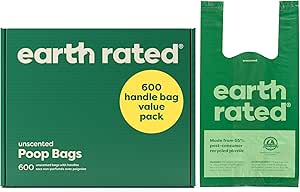 Earth Rated Dog Poop Bags with Handles Value Pack, Extra Wide, Easy Tie and Guaranteed Leakproof, Unscented, 600 Handle Bags