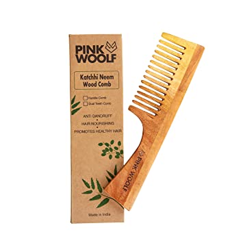 Pink Woolf Organic Neem Wood Hair Comb for Women & Men (WITH HANDLE) | Natural & Eco Friendly | Wide Tooth Comb, Anti-Bacterial Styling Comb for All Hair Types | Made in India