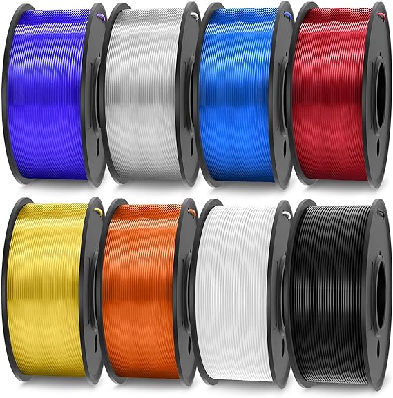 JAYO PLA  Filament Bundle 1.75mm, 3D Printer Filament Bundle Multicolor, Individually Vacuum Packed, 250g Spool, 8 Pack, 2KG in Total, Black White Transparent Clear(Blue Red Orange Yellow Purple)