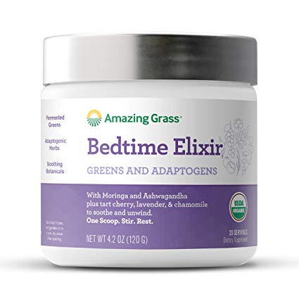 Organic Bedtime Elixir, by Amazing Grass, with Greens & Herb Adaptogens, Morniga, Reishi, Ashwagandha mushrooms