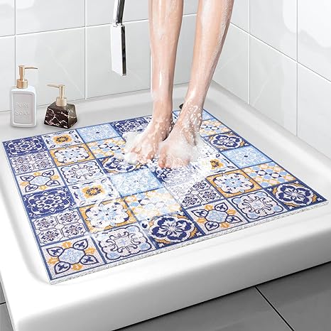 Non Slip Shower Mat, Soft Comfortable Shower Floor Mat with Drain, PVC Loofah Bath Mat for Shower, Bathroom and Wet Areas, Quick Drying Easy Cleaning