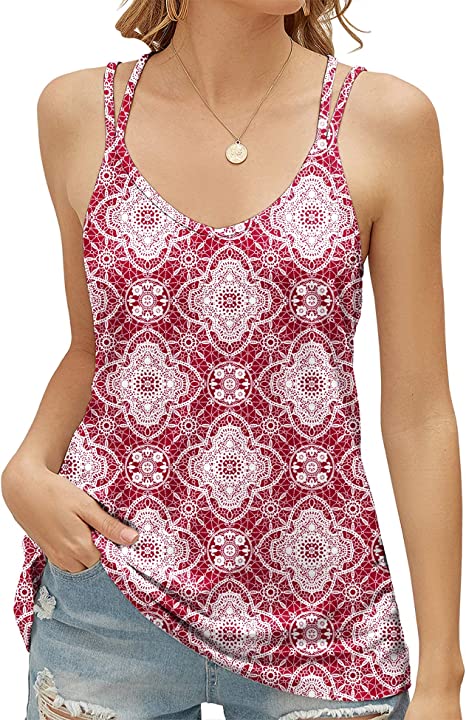 LOMON Women's Casual Floral Print Double Spaghetti Strap Tunic Tops Summer V Neck Paisley Sleeveless Tank Shirts