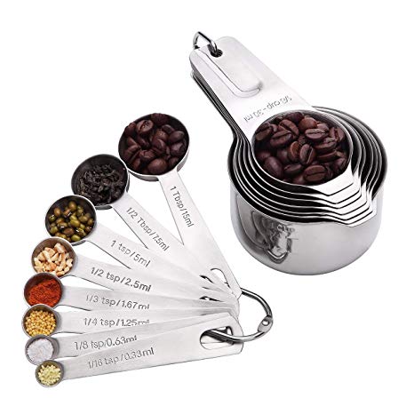 EVOIO Stainless Steel Measuring Cups and Spoons 15 Sets 18/8 Stainless Steel 7 Measuring Cups and 8 Measuring Spoons with 2 D-Rings