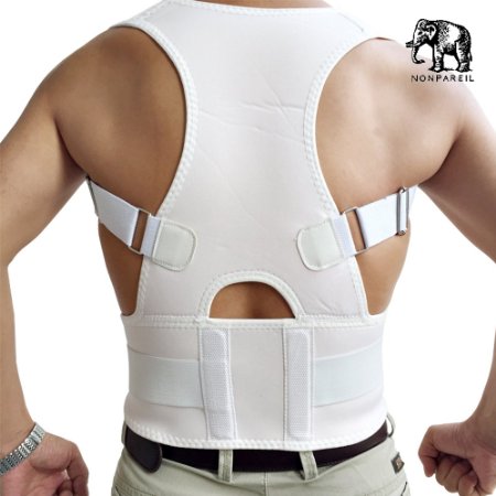 Back & Lumbar Support Brace by NONPAREIL - Improve Posture & Relieve Lower Thoracic, Neck & Spine Pain & Pressure - Large (Waist 33-36), White