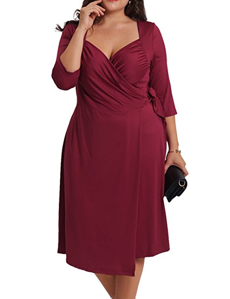 REDHOTYPE Women's Casual Front Sweetheart Neck 3/4 Sleeve Plus Size Dress