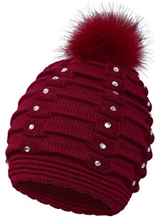 ARCTIC Paw Horizontal Cable Knit Beanie with Sequins and Faux Fur Pompom