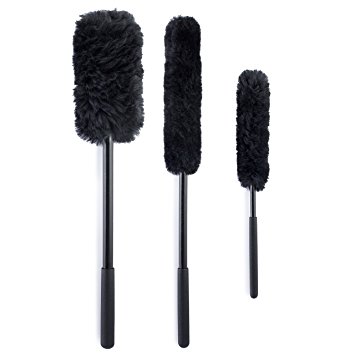 MeGa Wheel Brush Woolies – Premium Detail Wheel Brushes Kit (Set of 3), 100% Lambswool Scratchless Brushes for Car Rims with Rubber Grip for Wheel Cleaning and Auto Detailing Tools