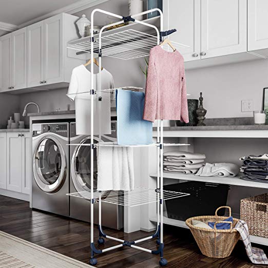 Lavish Home Clothes Rack – 4-Tiered Laundry Station with Collapsible Shelves and Wheels for Folding, Sorting and Air Drying Garments