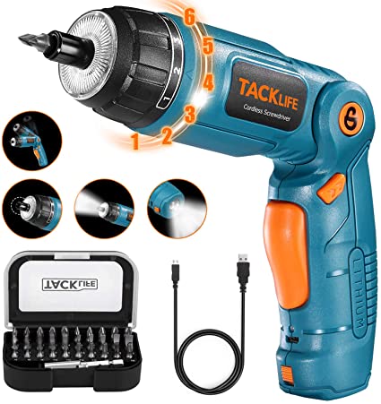 TACKLIFE Cordless Screwdriver, 3.6V Rechargeable Electric Screwdriver, Front&Rear Light, 3 Position Handle, 2000mAh Li-ion, 31pcs Screwdriver Bits, 6 Torque Setting, 1 N.m to 4 N.m -SDH13DCB